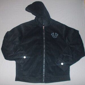 True Religion Hooded Vintage Corduroy Jet Black Jacket Zip Mens Size Medium NWT